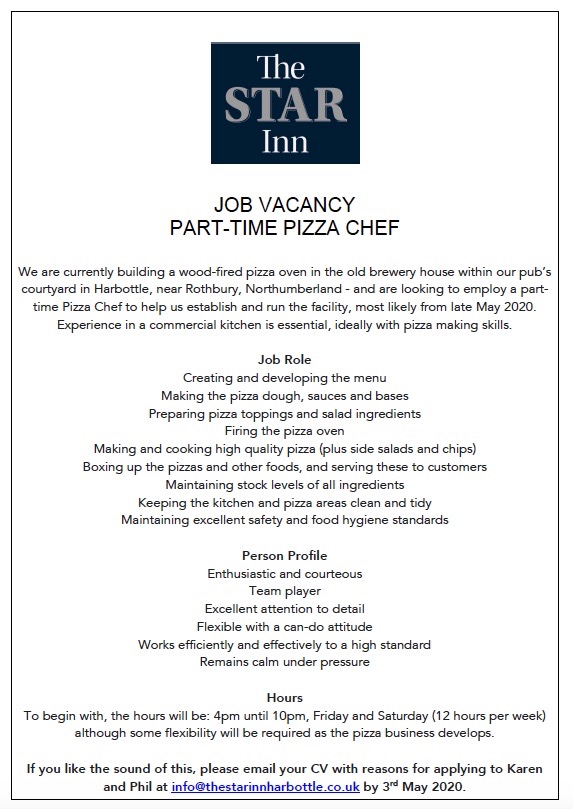 Role profile for Pizza Chef job vacancy at the Star Inn in Harbottle